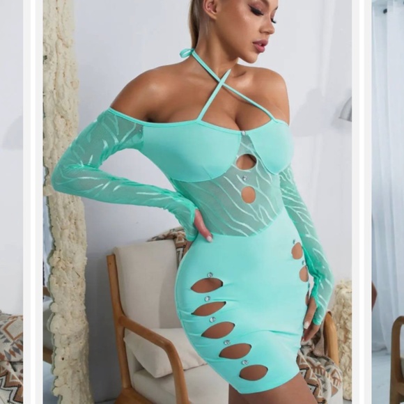 KATCH ME Blue Strap Halterneck Cut Out Spandex Bodycon Dress Small - Picture 9 of 10